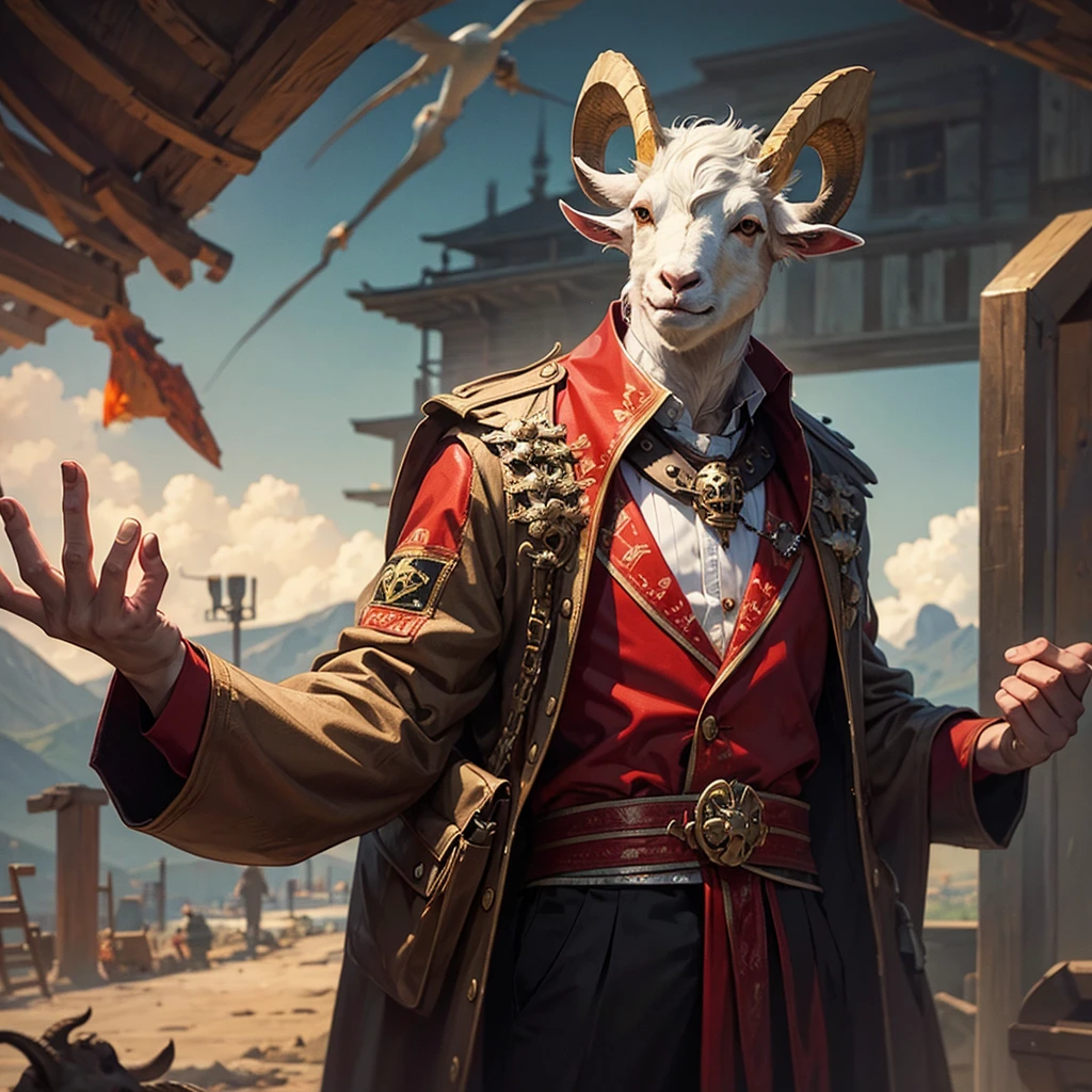 Man with goat face, skulls and blood