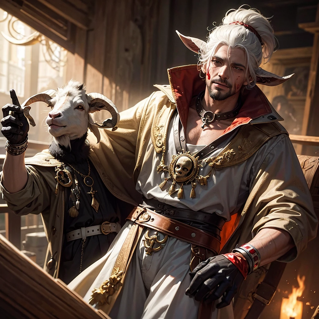 Man with goat face, skulls and blood