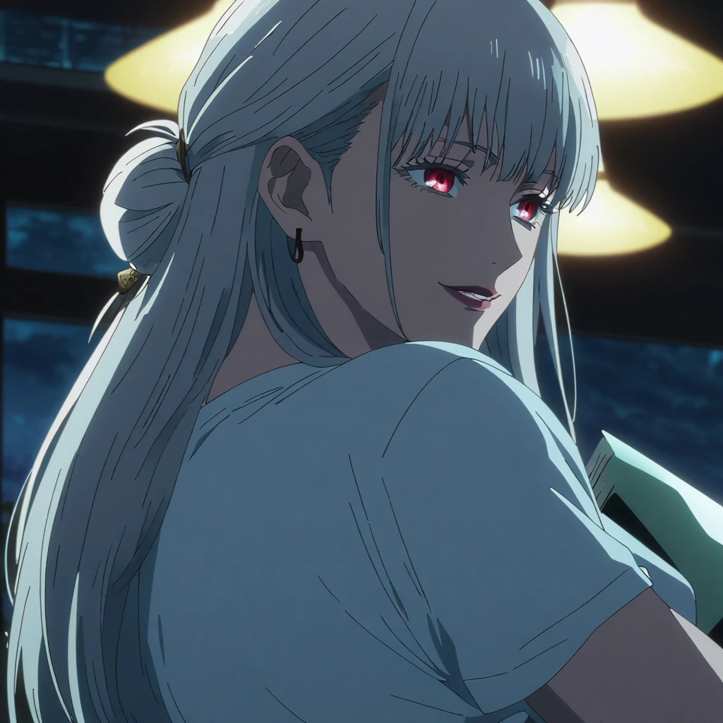 1girl, female gojo satoru, anime screencap from jujutsu kaisen, gojo satoru female version, solo, long_hair, Red eyes (silver_hair)), night view, (hanging breasts) upper_body, smile, indoors, book, red_eyes, lips, (hair bun) ((wearing Shirt, beach view)) breast, "very detailed and high resolution" (Red eyes) (cross arms)  ((long hair, hair bun, loose tendrils )) ((solo)) (front view) (earings) ((high resolution)) ((good quality)) ((side bangs))