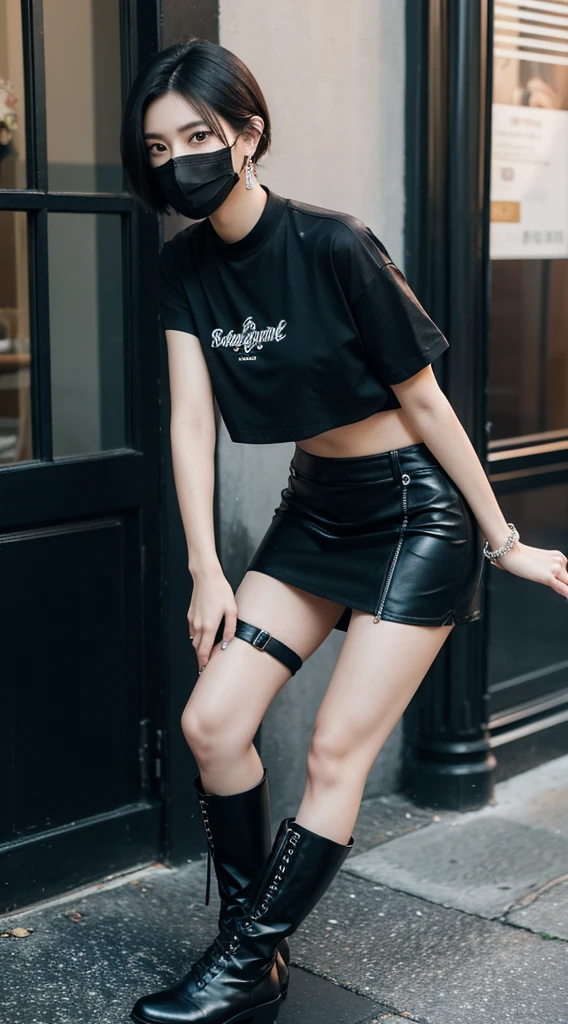 The whole picture、、Black hair short bob hair、is standing、Filming Locations、solo、micro short、leggy、Long legs、tall、Absolute area、High heel、、Lower grade、bich、Black hair, Skirt, solo,, in, Mouth mask, Black footwear, Mask, sox, Shirt, Black skirt, Thigh strap, Full body, Black shirt, Black socks, long boots, Jewelry, Piercing, ear piercings, Black eyes, Short sleeves, micromini skirt、tall