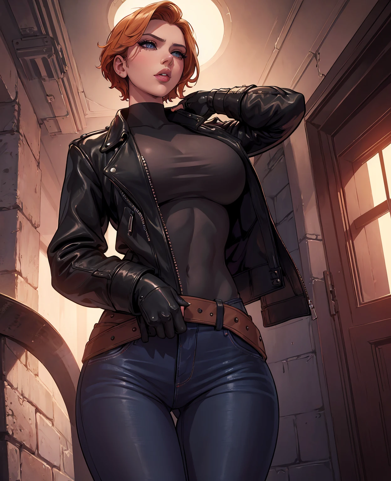 a beautiful woman, scarlett johansson, hyperrealistic, dramatic lighting, high contrast, chiaroscuro, intense gaze, perfect skin, long eyelashes, full lips, confident pose, black leather jacket, tight jeans, glamorous, fashion photography, cinematic, dramatic shadows, warm color palette, chiaroscuro lighting, photorealistic, 8k, high quality, masterpiece
