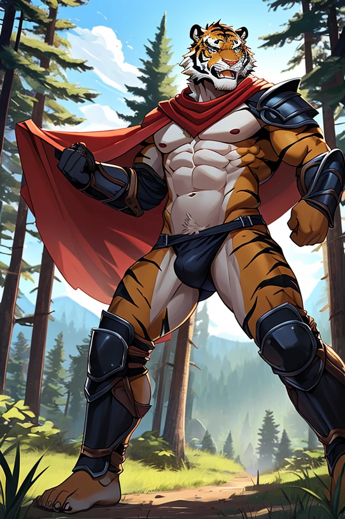 Tiger,Young Adults,Strong,handsome,warrior,Sexy body,毛茸茸的Tiger爪,Scantily clad(Scapula,Armor knee pads,Crotch bulge,The genitals are extremely prominent,The outline of the genitals is clearly visible,Red torn shawl,Bare chest and abdomen,Bare thighs,barefoot),expression(vigilante,Gnashing of teeth),action(Standing,vigilante),Alone,Looking angrily at the camera,Challenge the camera character to a duel,environment(Clearing in open forest,There are sparse low weeds around,There are pine trees in the distance)