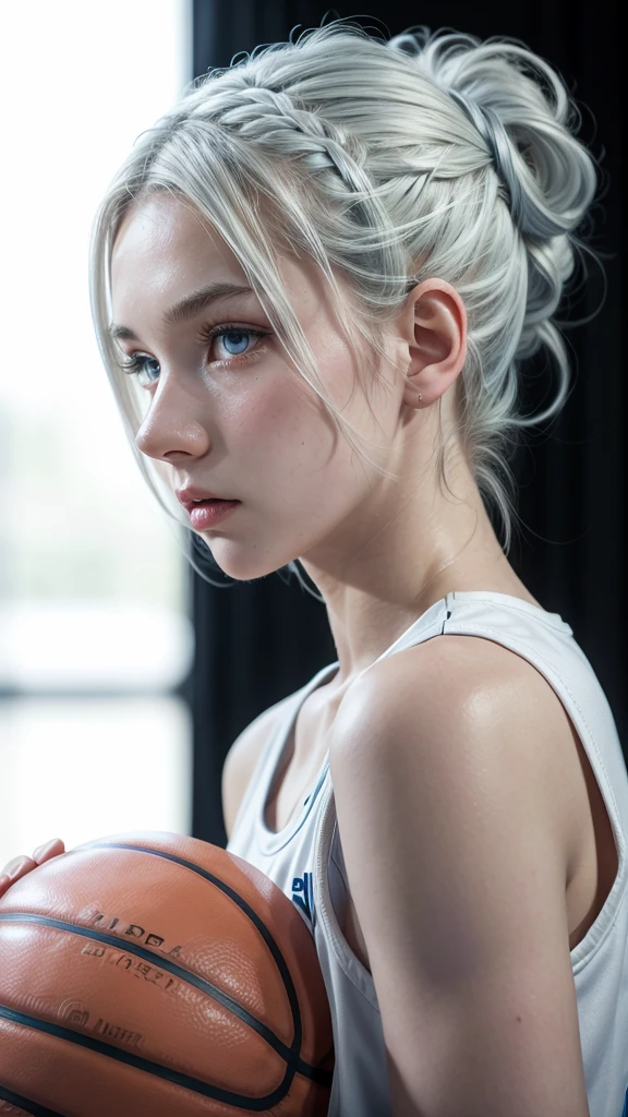 Feminine 15 year old girl with white hair up , light blue eyes and white skin, basketball player in profile 