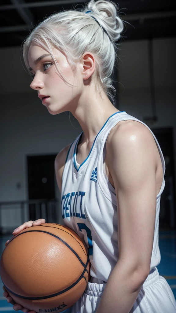 Feminine 15 year old girl with white hair up , light blue eyes and white skin, basketball player in profile