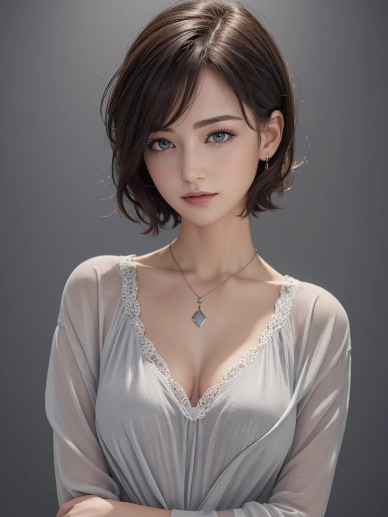 (((highest quality、8k、masterpiece)))、sharp focus、cinematic lighting、soft light、high resolution skin:1.3、realistic skin texture、30 year old mature woman、small face、no makeup、short hair、dark brown hair、detailed beautiful eyes、small breasts、、bust B cup、wearing a pendant、sexy pose、Slender body type、Cool beauty、gray background