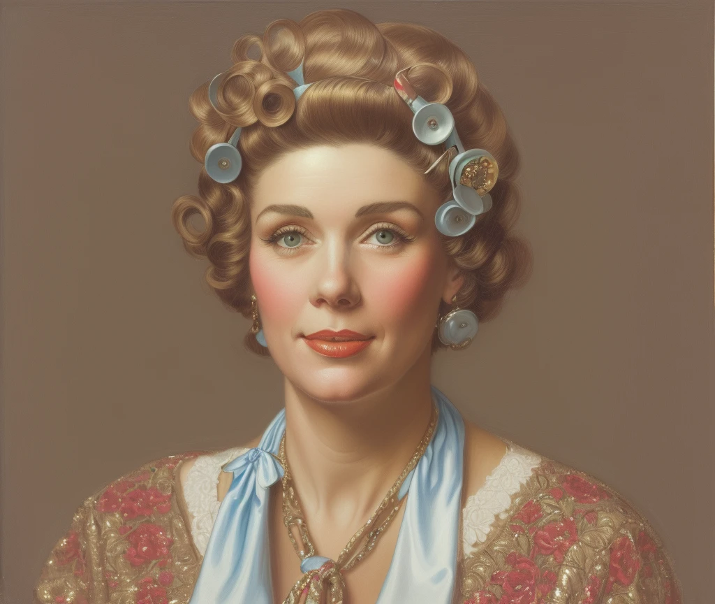 there is a woman with curlers on her head and a tie around her neck, in Norman Rockwell style, realistic studio portrait, norman rockwell style, real life portrait, inspired by Norman Rockwell, non-craola style portrait, portrait n - 9, Norman Rockwell style, realistic self portrait, true-to-life portrayal, by Ben Zoeller, norman rockwell artwork style
