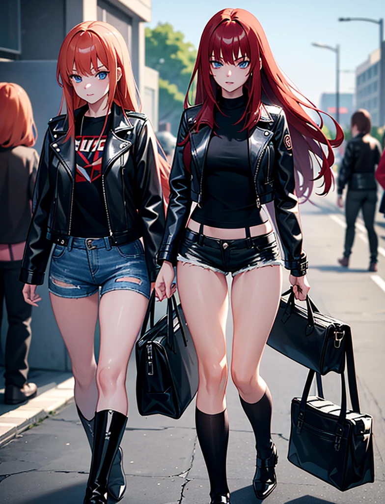 Two young girls, a young red-haired girl with blue eyes wearing a black leather jacket and a short white shirt with short blue denim shorts, and the second girl, a young girl with long black hair, blue eyes, a black leather jacket and a black shirt with short blue denim shorts., walking, dos chicas walking, chatting, chicas chatting