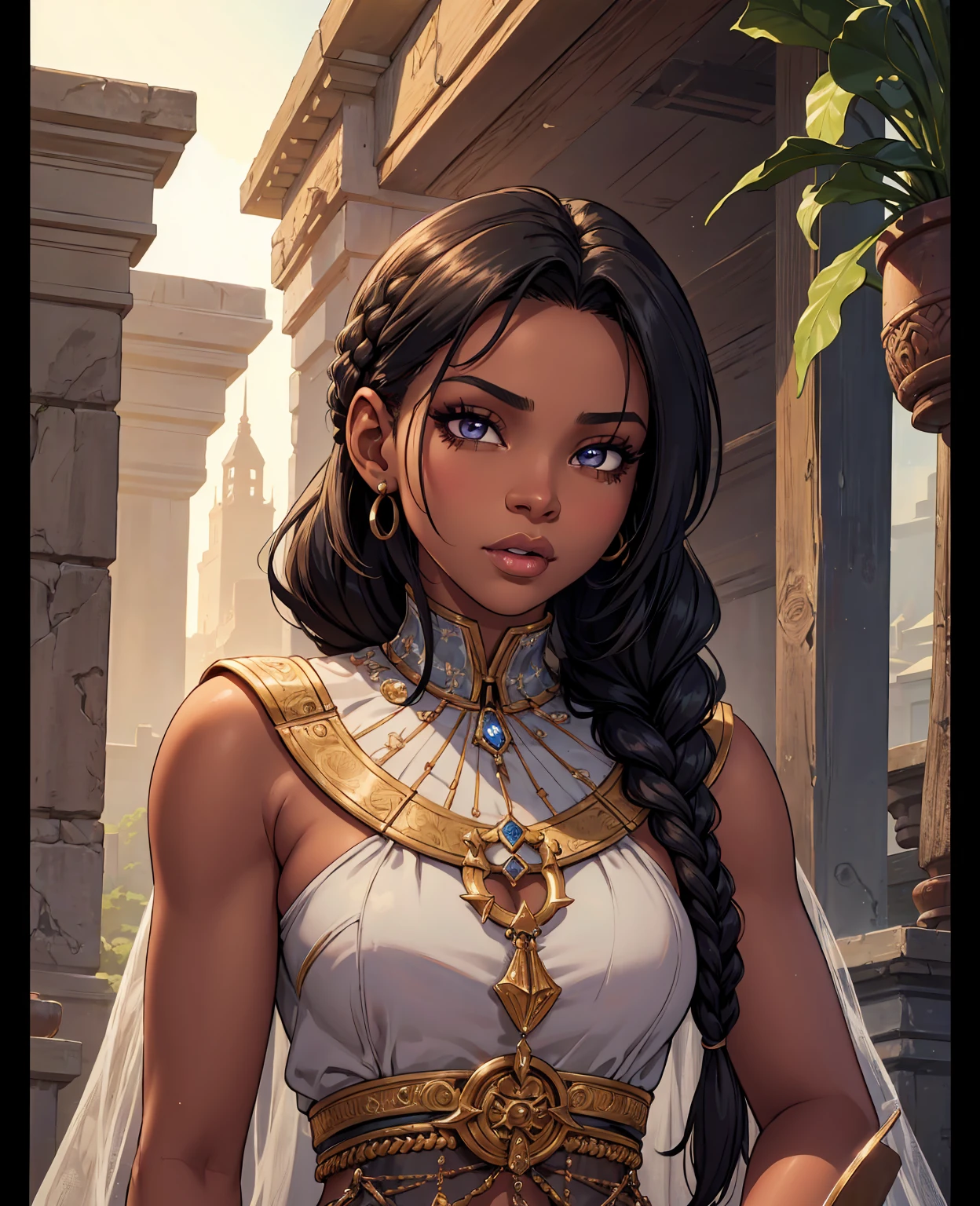 Halle Bailey, beautiful detailed eyes, beautiful detailed lips, extremely detailed face and eyes, long eyelashes, dark skin, hair braids, seductive expression, sensual pose, photorealistic, highly detailed, 8k, ultra-realistic, chiaroscuro lighting, cinematic color palette, dramatic lighting, fantasy art style, concept art