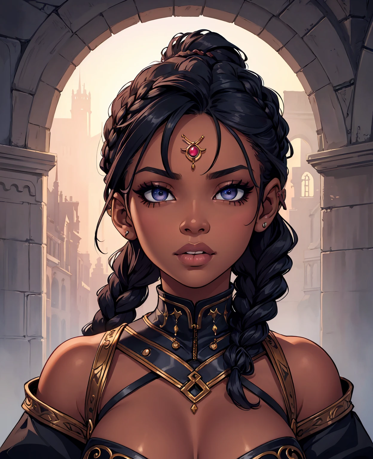 Halle Bailey, beautiful detailed eyes, beautiful detailed lips, extremely detailed face and eyes, long eyelashes, dark skin, hair braids, seductive expression, sensual pose, photorealistic, highly detailed, 8k, ultra-realistic, chiaroscuro lighting, cinematic color palette, dramatic lighting, fantasy art style, concept art