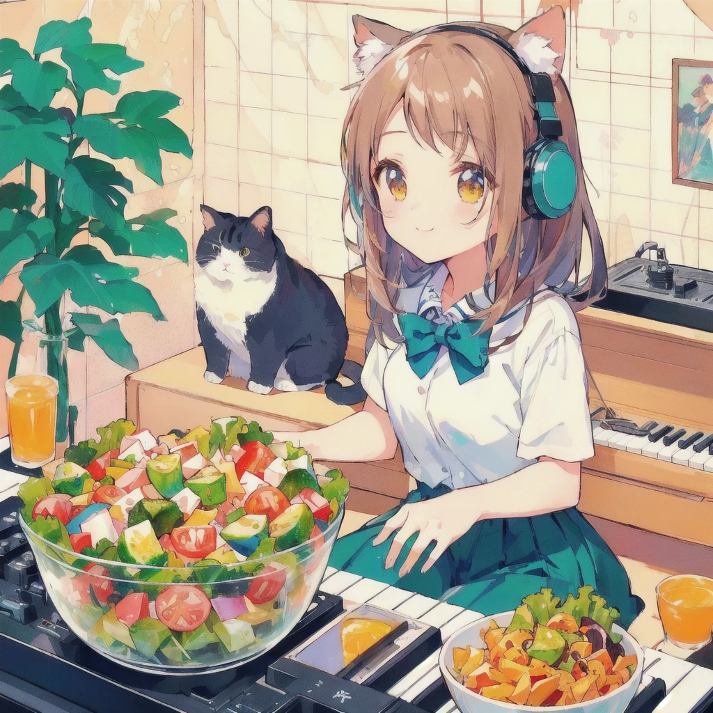 Anime girl playing piano with a bowl of vegetable salad and a cat, smile,80s atmosphere,Lo-fi Girl, Lofi Art, Portrait of Rofi, Lofi Artstyle, Lofi Color, Cool vibes, Anime Style 4k, Anime atmosphere, Cool vibe, lofi album art, Chill Hop, Lo-fi feeling, Lo-fi art, Lo-fi Girl aesthetic