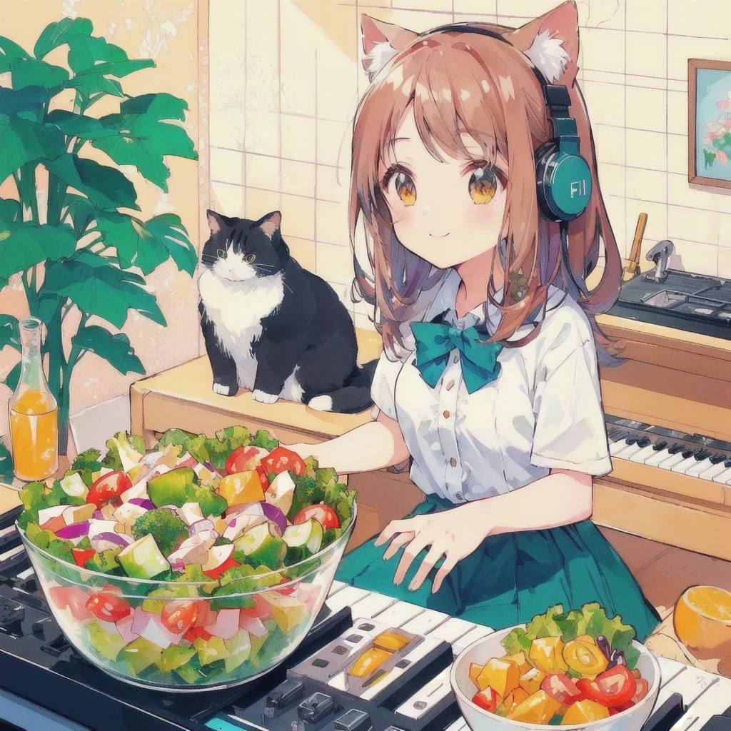 Anime girl playing piano with a bowl of vegetable salad and a cat, smile,80s atmosphere,Lo-fi Girl, Lofi Art, Portrait of Rofi, Lofi Artstyle, Lofi Color, Cool vibes, Anime Style 4k, Anime atmosphere, Cool vibe, lofi album art, Chill Hop, Lo-fi feeling, Lo-fi art, Lo-fi Girl aesthetic