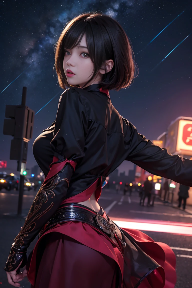 ((masterpiece)), (best quality),, official art, extremely detailed CG unity 8k wallpaper, highly detailed, shiny skin, Depth of field, vivid color,, 1girl, (curvy:0.4), (full body:0.6),, short hair, bangs, red eyes, skirt, looking at viewer, night, street, neon, looking back, star (sky), crowd, upper body,