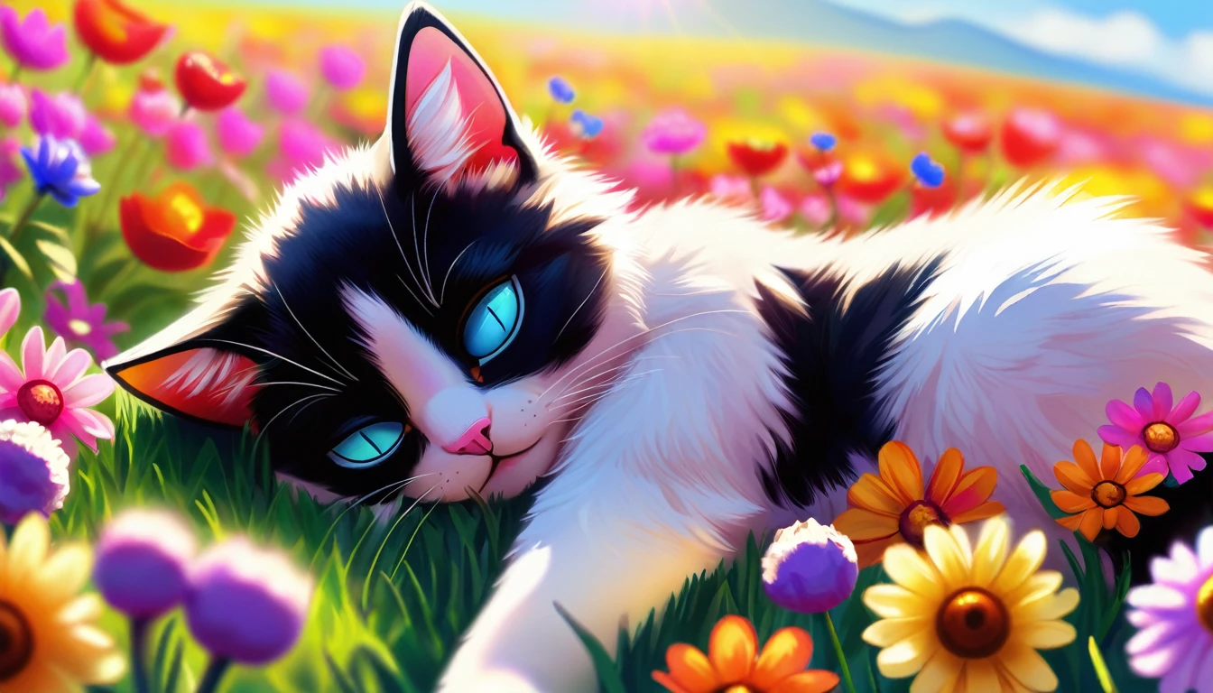 A cute anthropomorphized cat napping in a vibrant flower field. The cat is lying on soft grass with colorful flowers all around, a small pillow under its head. The scene is bathed in warm sunlight, and the cat has a peaceful and content expression.