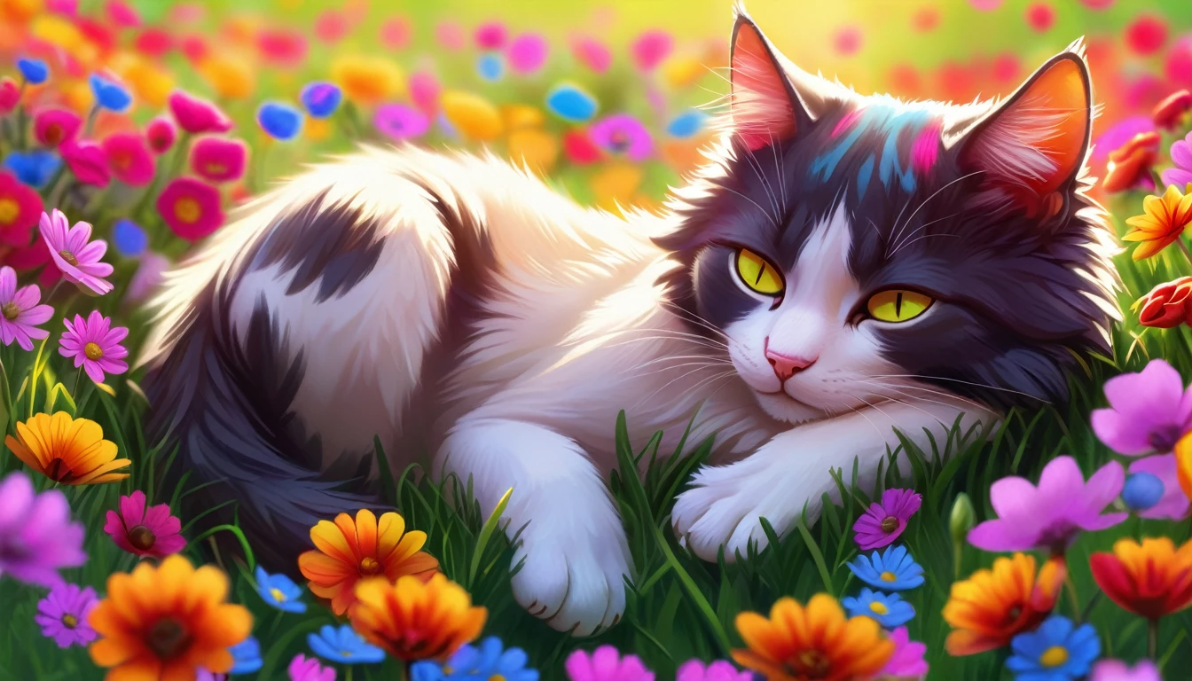 A cute anthropomorphized cat napping in a vibrant flower field. The cat is lying on soft grass with colorful flowers all around, a small pillow under its head. The scene is bathed in warm sunlight, and the cat has a peaceful and content expression.