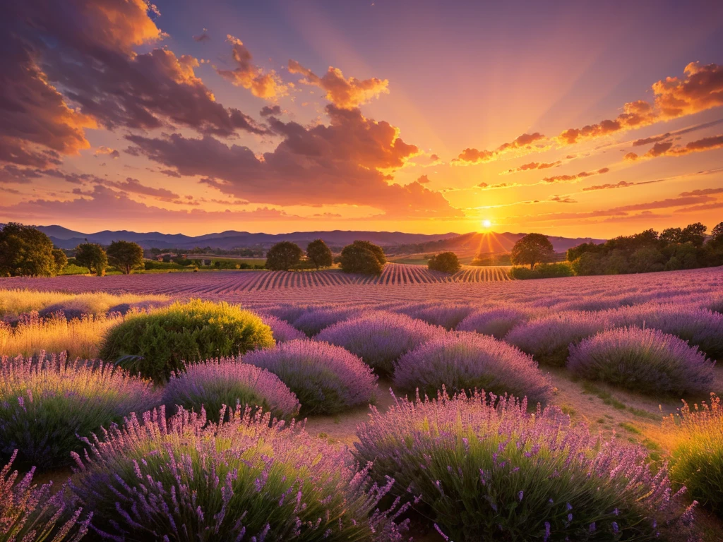 lavender field at sunset, a beautiful lavender field bathed in warm golden sunset light, detailed lavender flowers, dramatic sky with warm orange and pink hues, rolling hills in the distance, (best quality,4k,8k,highres,masterpiece:1.2),ultra-detailed,(realistic,photorealistic,photo-realistic:1.37),landscape,dramatic lighting,vibrant colors,natural scenery
