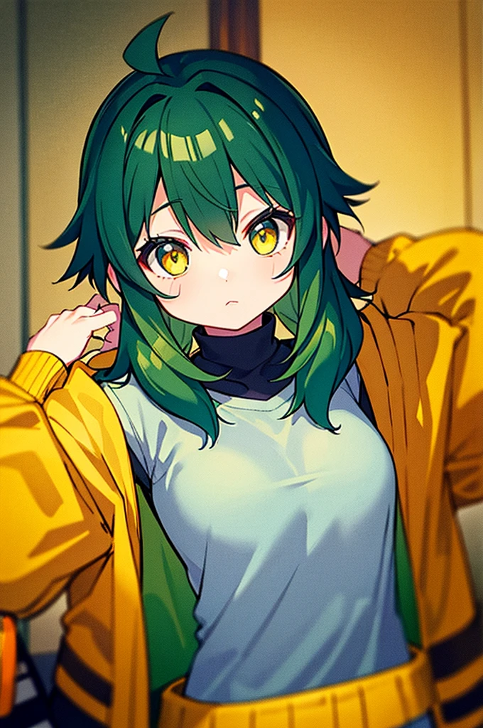1 girl, 12 years old, wearing black t-shirt, wearing yellow and green jacket, green hair, yellow eyes