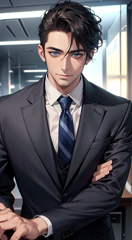 (best quality,4k,8k,highres,masterpiece:1.2),ultra-detailed,(realistic,photorealistic,photo-realistic:1.37),1 man,31 years old,mature man,very handsome,without expression,smile,short grey black hair,blue eyes,penetrating gaze,perfect face without errors,imposing posture,businessman,office background,cinematic lighting,hdr image