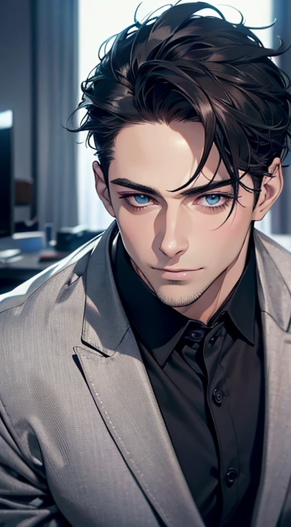 (best quality,4k,8k,highres,masterpiece:1.2),ultra-detailed,(realistic,photorealistic,photo-realistic:1.37),1 man,31 years old,mature man,very handsome,without expression,smile,short grey black hair,blue eyes,penetrating gaze,perfect face without errors,imposing posture,businessman,office background,cinematic lighting,hdr image