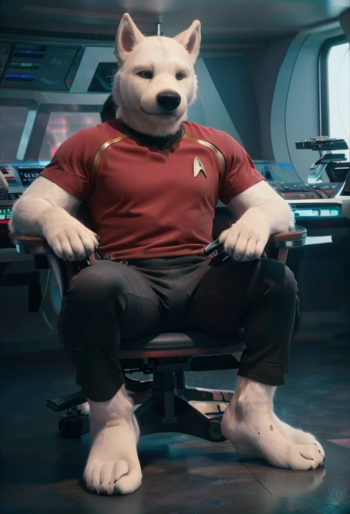 (((Barefoot furry character, full body, cinematic setting, furry male, plantigrade))) 

(((Bolt))) (anthro dog with white fur, very cute and young looking face, big black snout), exudes confidence and authority as he sits in the captain's chair, and his (((Star Trek uniform))) with the Starfleet Delta badge on his chest is a perfect match for his muscular figure. Handsome clawed feet paws dominate the bridge of the star ship and its crew. ((Bridge of Star Trek starship with many screens and consoles as background)), futuristic look, metalic. anatomically correct, Long black pants, red shirt.

BREAK, intricate details, highly detailed, extreme detail, octane render, fine art, best quality, highres, (detailed face:1.5), ((full_body)), UHD, (((perfect hands))), low light