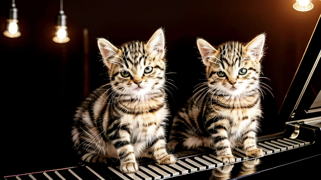 (Highest quality: 1.4),High resolution,8K,Dramatic lighting,Real,((Cute kitten)),A cozy jazz cafe with dim and warm lighting,A cat is sitting at a grand piano and playing jazz music, The overall atmosphere is relaxed,Classic Jazz Bar, Cat playing the piano,unrealistic,