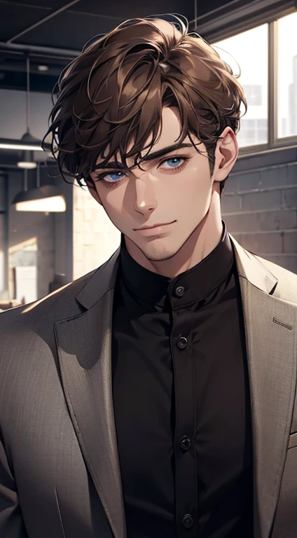 (best quality,4k,8k,highres,masterpiece:1.2),ultra-detailed,(realistic,photorealistic,photo-realistic:1.37),1 man,31 years old,mature man,very handsome,without expression,smile,short grey brown hair,blue eyes,penetrating gaze,perfect face without errors,imposing posture,businessman,office background,cinematic lighting,hdr image