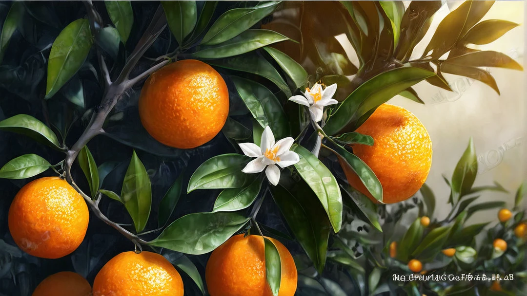 there are many tangerine growing on the tree with leaves, orange plants, tangerine, Orange background, extremely high quality, Realistic illustrations, Orange theme, high quality photorealism, 8k high-definition detailed oil painting, Hyper-realistic food pictures, Cellulite, F2.5, Surrealistic rendering, Orange background, Realistic oil painting