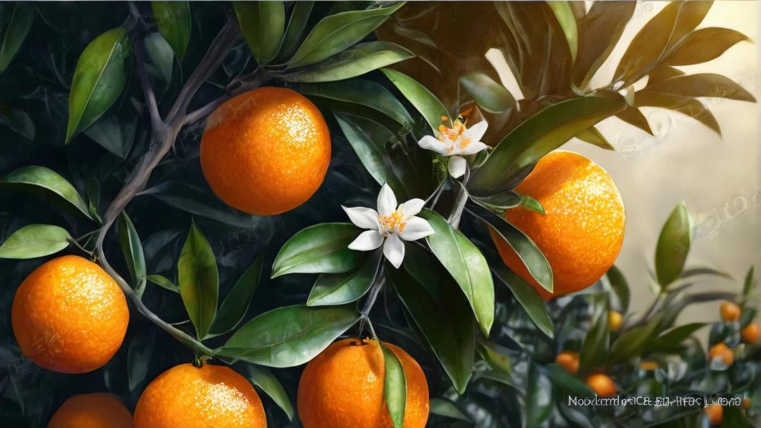 there are many tangerine growing on the tree with leaves, orange plants, tangerine, Orange background, extremely high quality, Realistic illustrations, Orange theme, high quality photorealism, 8k high-definition detailed oil painting, Hyper-realistic food pictures, Cellulite, F2.5, Surrealistic rendering, Orange background, Realistic oil painting