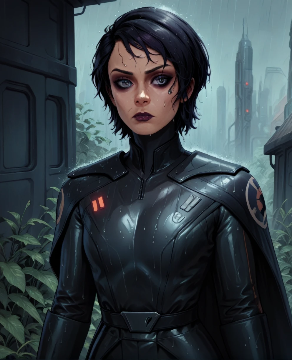 score_9,score_8_up,score_7_up,score_6_up, sabine wren ,,black hair, upper body, wet, armor,gloves,black bodysuit,black cape,belt,rain, science fiction,sith base, star wars, outdoors, rain, solo,fflixbag wearing armor sabine wren
