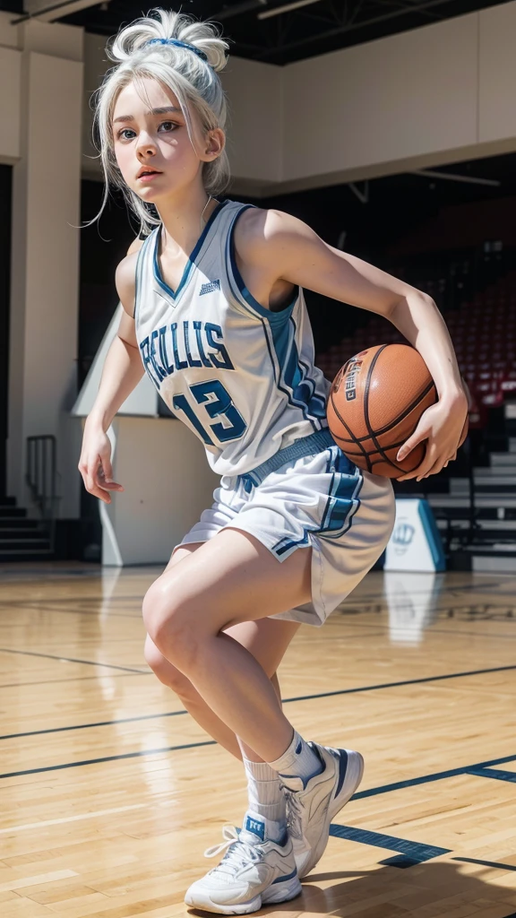 Feminine 15 year old girl with white hair up , light blue eyes and white skin, basketball player full body profile