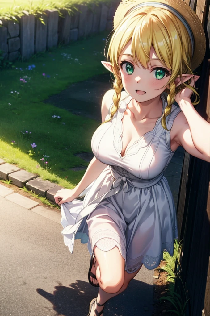 Suguhakirigaya, Suguhakirigaya, Long Hair,Blonde,Green Eyes,Pointy Ears,Short braids,,happy smile, smile, Open your mouth,Big Breasts,White straw hat,White sleeveless dress, bare arms,Green long skirt,Cute Sandals,Walking,Clear skies,whole bodyがイラストに入るように,
break outdoors, nature, forest,
break looking at viewer, whole body,
break (masterpiece:1.2), Highest quality, High resolution, unity 8k wallpaper, (shape:0.8), (Beautiful attention to detail:1.6), Highly detailed face, Perfect lighting, Extremely detailed CG, (Perfect hands, Perfect Anatomy),