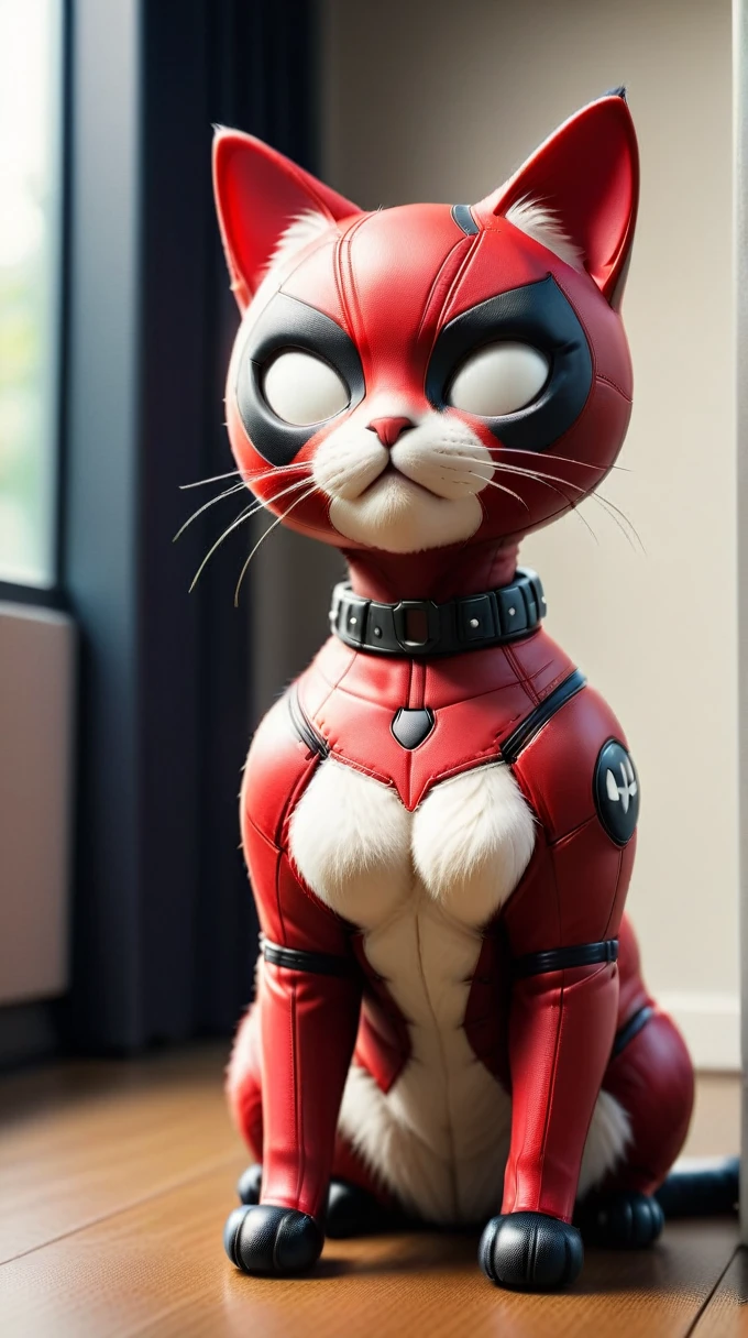DeadpoolStyle cat body, 24mm, (analog, cinematic, film grain:1.3), Bokeh DOF, (Masterpiece:1.3) (best quality:1.2) (high quality:1.1)