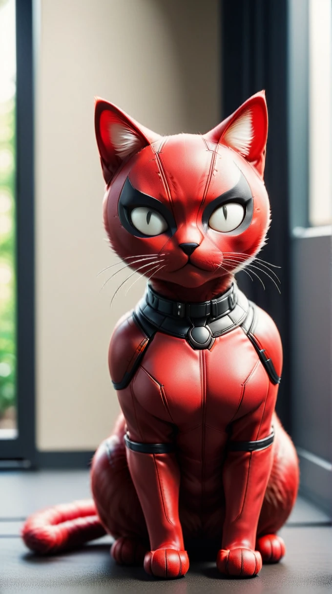 DeadpoolStyle cat body, 24mm, (analog, cinematic, film grain:1.3), Bokeh DOF, (Masterpiece:1.3) (best quality:1.2) (high quality:1.1)