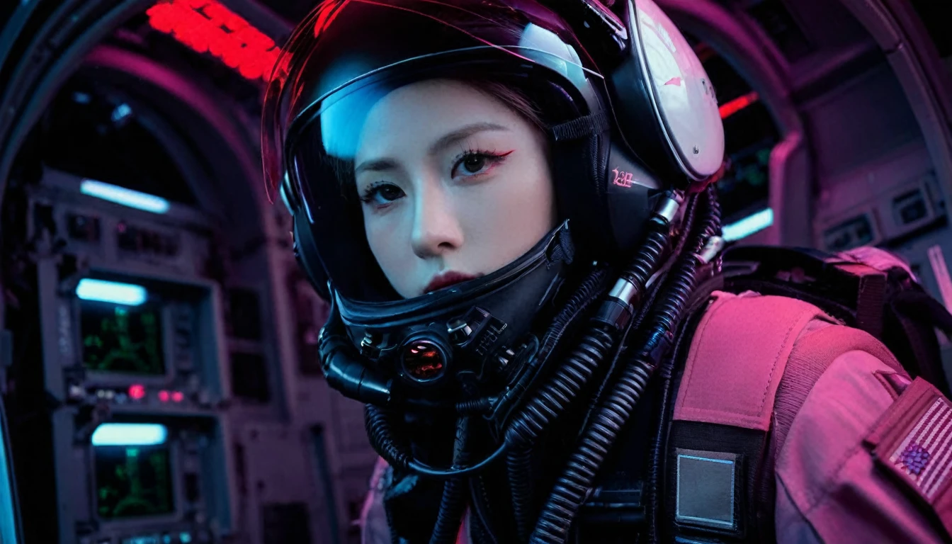 One girl, (Beautiful Face), Female fighter jet pilot, Holding a pilot pink helmet with LED interactive screen and HUD head up display on the visor, Visor-displayed targeting system, Communication Systems, Red Glasses、Open the visor, Sexy pose, Floating Hair, Are standing, (Upper thigh shot:1.3), DT Helmets, Pink combat suit, Advanced Fighter Background, (Intricate details), High resolution, (Intricate details, Ultra-detailed:1.2), Cinematic shots, ((masterpiece, high quality, 最high quality, Official Art, Beautiful and aesthetic, Detailed face, Fine grain、Red Glasses))