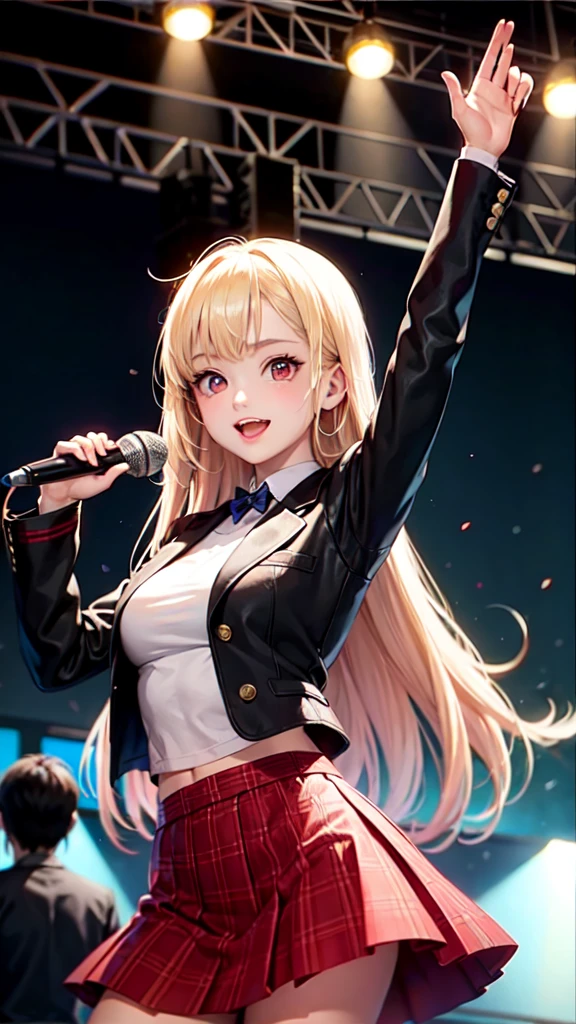 Blonde long hair high school girl、Red eyes、Stage Costumes、Jacket、Dance with excitement、microphone