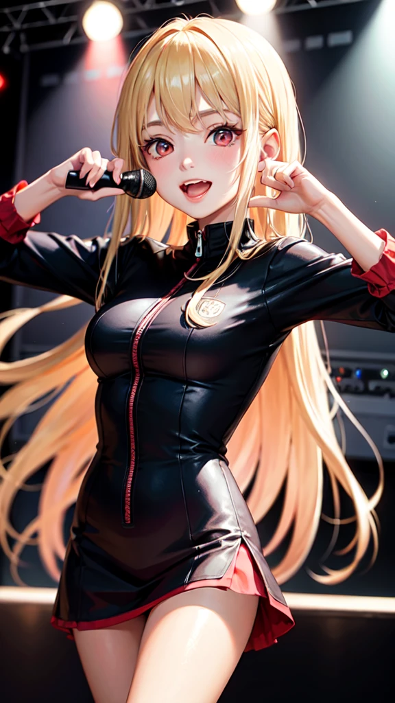 Blonde long hair high school girl、Red eyes、Stage Costumes、Jacket、Dance with excitement、microphone