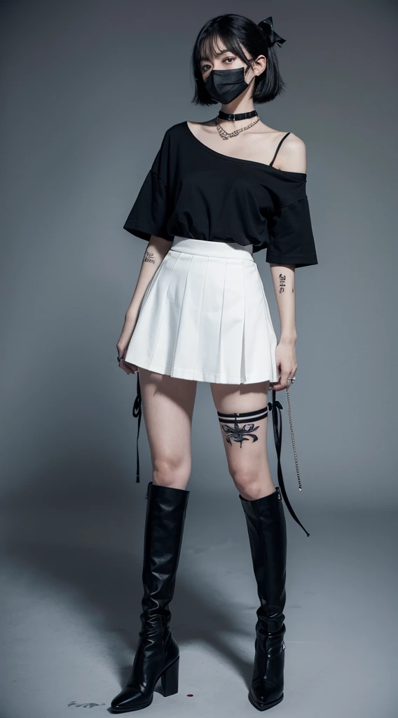 The whole picture、、Black hair short bob hair、is standwg、Filmwg Locations、独奏、micro short、leggy、Long legs、tall、Absolute area、High heel、、Lower grade、bich、Black hair, Skirt, 独奏,, w, Mouth mask, Black footwear, Mask, sox, Shirt, Black skirt, Thigh strap, Full body, Black shirt, Black socks, long boots, Jewelry,  Piercwg, ear piercwgs, Black eyes, Short sleeves, micromwi skirt、tall、Black socks、1 girl, whole body,（look up:1.4） alley, inquiry, Talk to your audience、Are Are standing、, 1 Girl}} Are standing,,{View Audience,, tattoo, High heels, saliva, tattoo、顔を強調するAre standing、shaving, (下腹部のtattoo:1.5), (ハートのtattoo:1.5), (belly but ton: 1.1), 1 girl, whole body,Choker expressionless、（Black knee-length socks:1.4）Micro mini skirt twin tails, Hair Ribbon, collar, Chain Necklaces