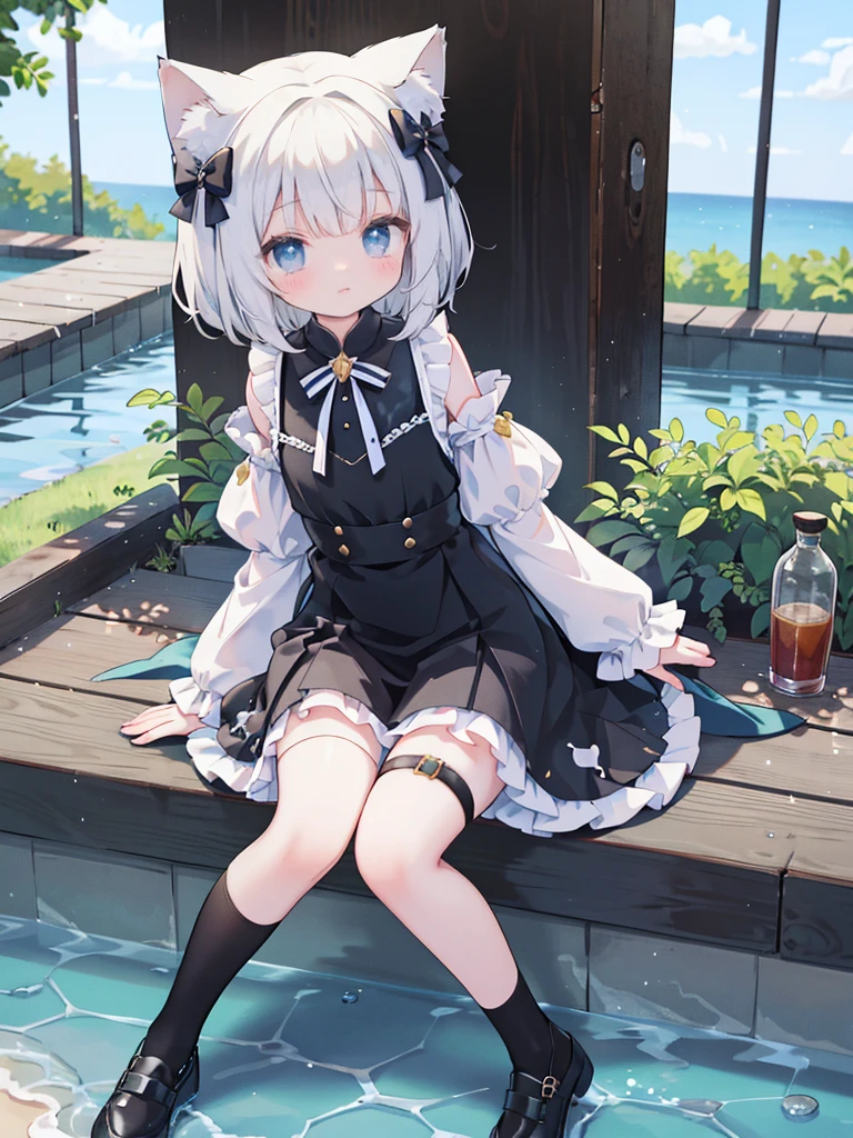 1 Girl,Animal ears,blue eyes,individual,sitting,dress,黑色dress,Bow,Cat ears,looking at the audience,Black shoes,hair bow,outdoor,thigh strap,white hair,Animal ears絨毛,short hair,blush,黑色Bow,Bangs,Short sleeve,folds,Chokes,Suspenders,foldsdress,water,Lip Split,Shoulder,8k wallpaper,Anime face,Animal ears,Thigh high