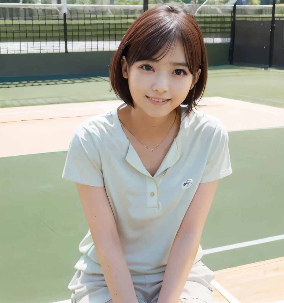 Best image quality、Highest quality、masterpiece、Ultra-high resolution、、immature、Realistic:1.4、Professional Lighting、Cute school girl、The cutest Nishino Nanase、Baby Face、Very short hair、thin、Moderate size chest cup bust、Large erect nipples、smile、Wearing tennis wear、Sitting on the tennis court
