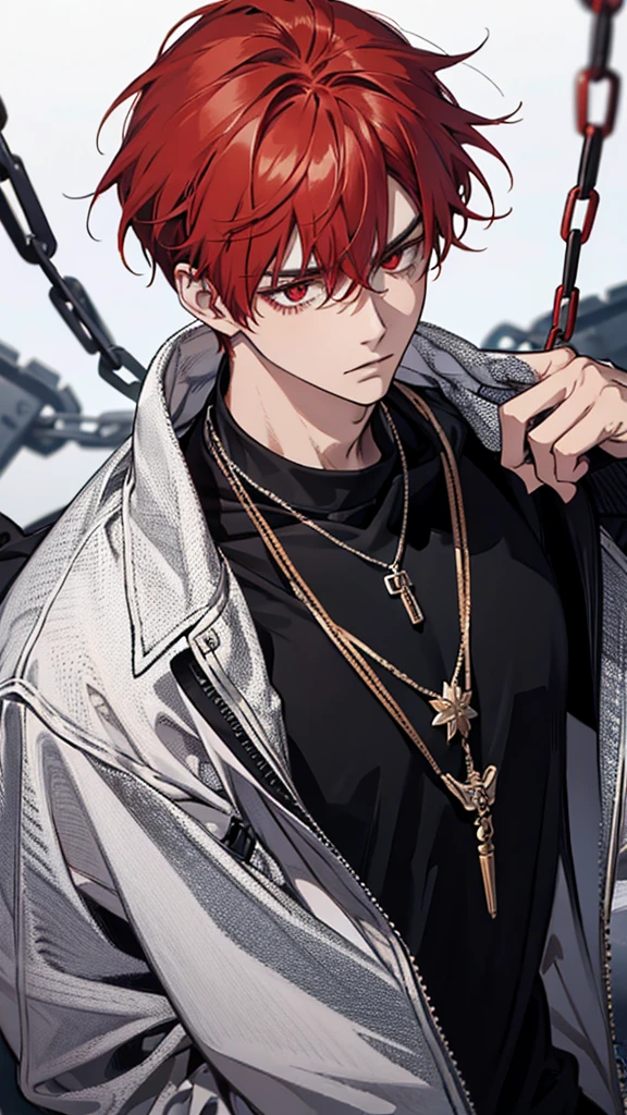 Young man, red hair, red eyes, chain necklace, black sweatshirt, upper body
