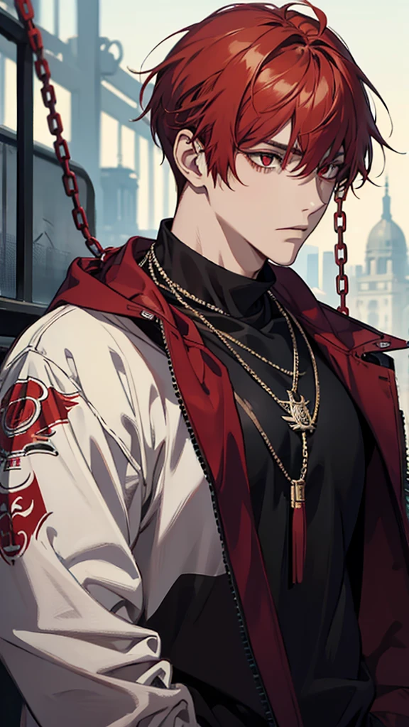 Young man, red hair, red eyes, chain necklace, black sweatshirt, upper body