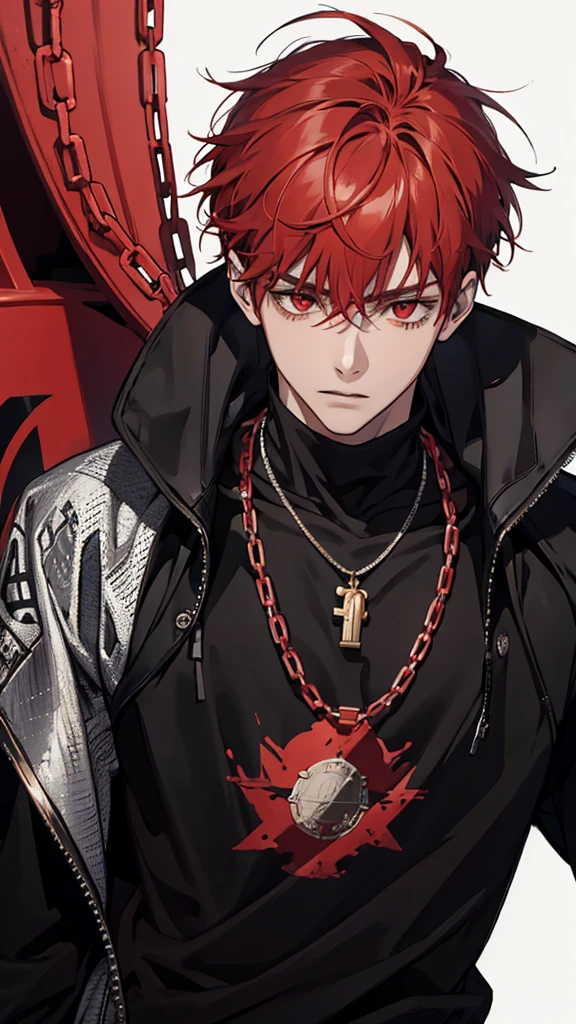 Young man, red hair, red eyes, chain necklace, black sweatshirt, upper body