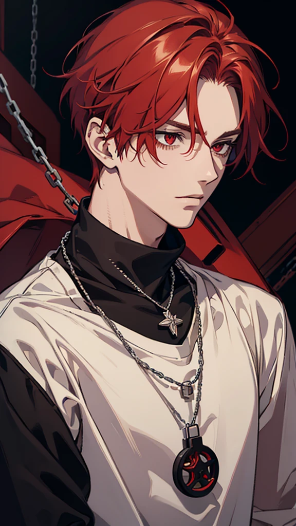 Young man, red hair, red eyes, chain necklace, black sweatshirt, upper body