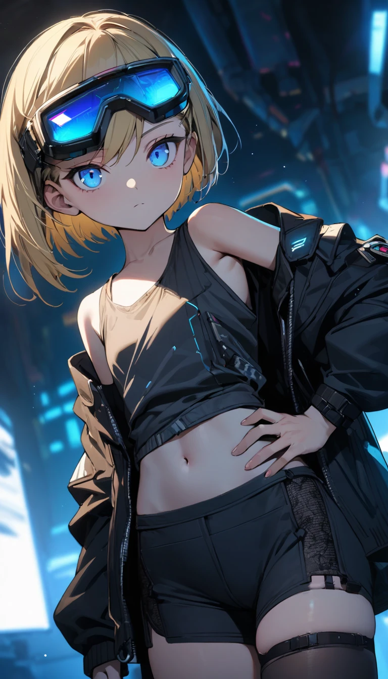 a handsome girl, 12yo, solo,
blond hair, asymmetrical bob, blue eyes, bright eyes,
cyber punk black jacket, tank top, goggles on head,
naval, off shoulder, open jacket, black shorts, garter rings, black tights,
expressionless, one hand on hip,
blurry background, perfect lighting, perfect angle, masterpiece, best quality, extremely detailed face,