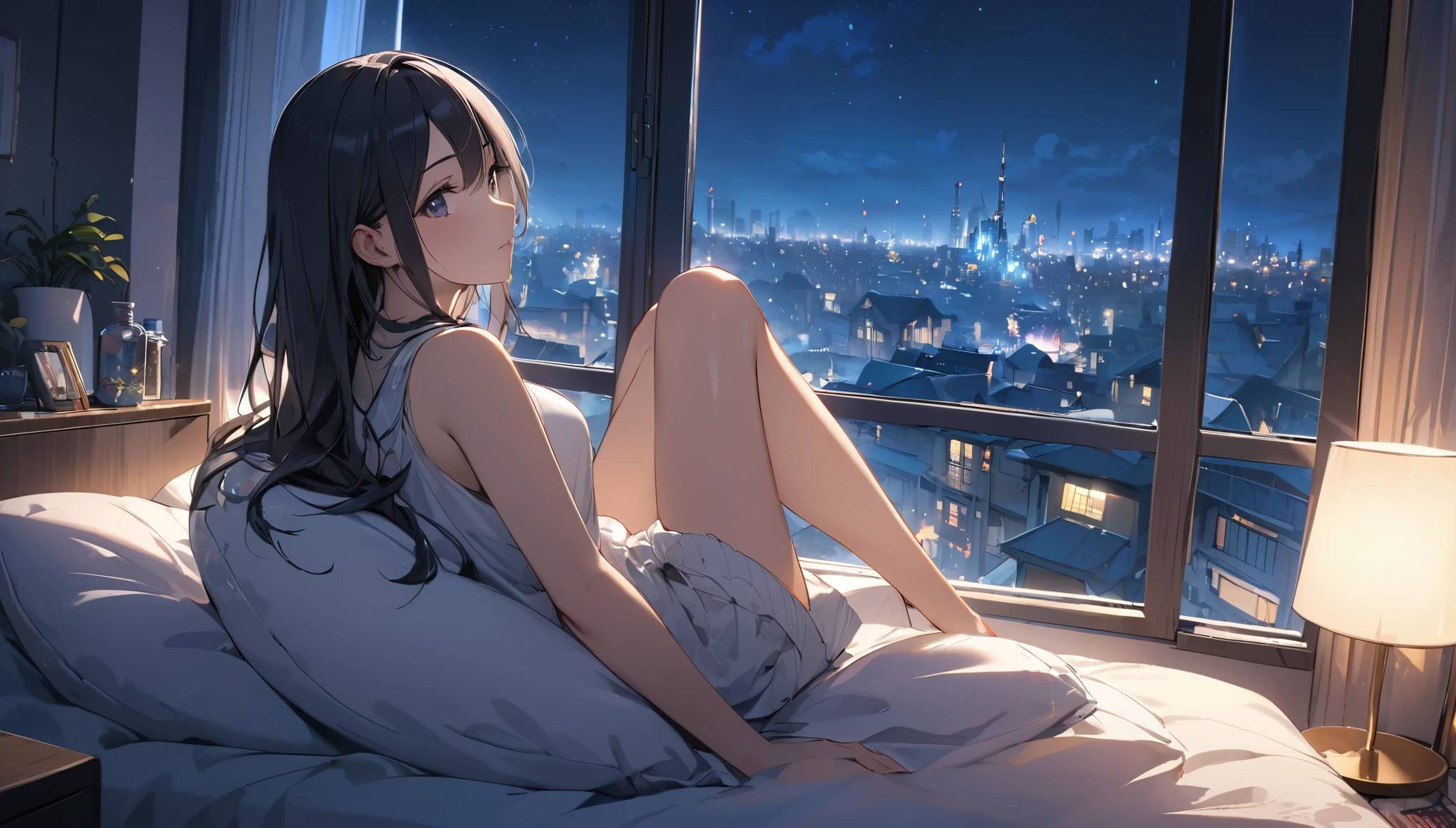 (Highest quality), Girl relaxing in her room,Large windows,Night view
