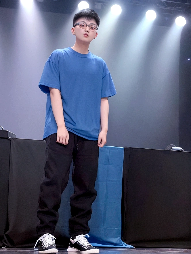 21 year old Chinese boy, he is wearing a ((oversize blue t shirt XXL)), ((he is wearing black trousers)), he is wearing black sneakers, he is wearing glasses, he is Master of Ceremony in front of a stage , NIGHTCLUB, full body, he is buzz cut Hair, foot, Photo taken on the side