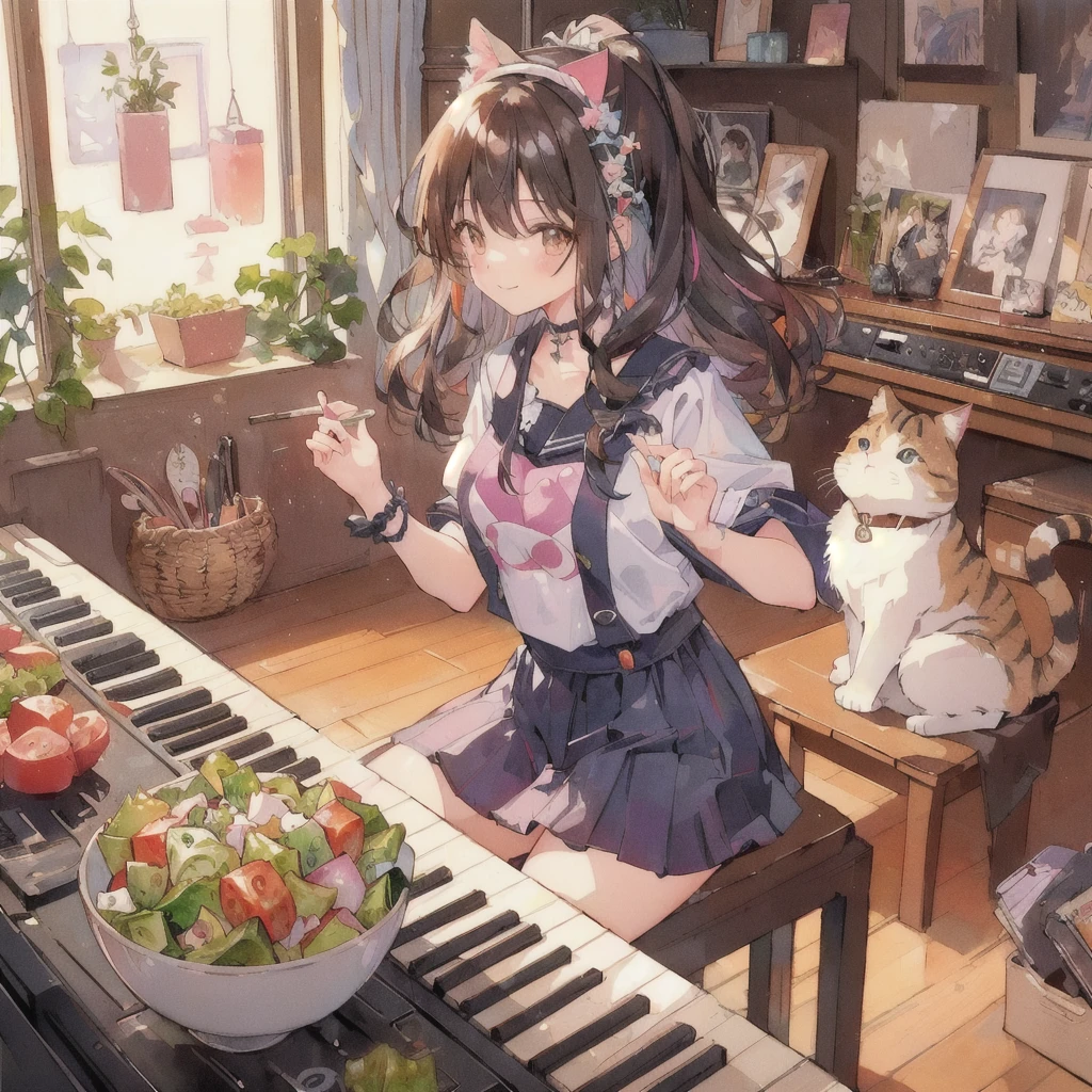 Anime girl playing piano with a bowl of vegetable salad and a cat, smile,80s atmosphere,Lo-fi Girl, Lofi Art, Portrait of Rofi, Lofi Artstyle, Lofi Color, Cool vibes, Anime Style 4k, Anime atmosphere, Cool vibe, lofi album art, Chill Hop, Lo-fi feeling, Lo-fi art, Lo-fi Girl aesthetic