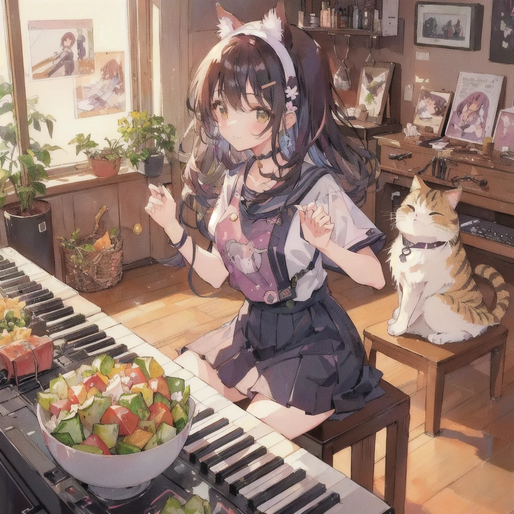 Anime girl playing piano with a bowl of vegetable salad and a cat, smile,80s atmosphere,Lo-fi Girl, Lofi Art, Portrait of Rofi, Lofi Artstyle, Lofi Color, Cool vibes, Anime Style 4k, Anime atmosphere, Cool vibe, lofi album art, Chill Hop, Lo-fi feeling, Lo-fi art, Lo-fi Girl aesthetic