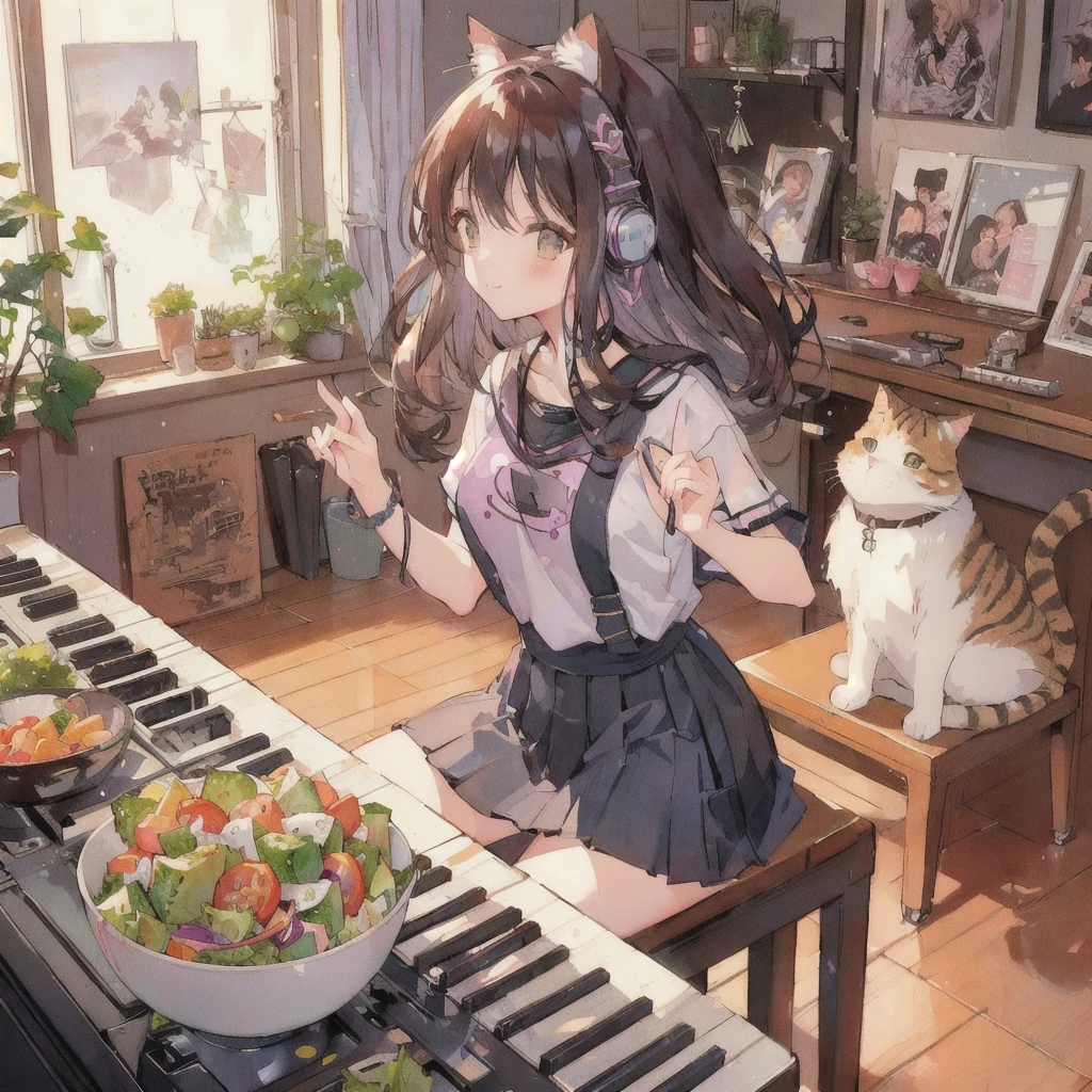Anime girl playing piano with a bowl of vegetable salad and a cat, smile,80s atmosphere,Lo-fi Girl, Lofi Art, Portrait of Rofi, Lofi Artstyle, Lofi Color, Cool vibes, Anime Style 4k, Anime atmosphere, Cool vibe, lofi album art, Chill Hop, Lo-fi feeling, Lo-fi art, Lo-fi Girl aesthetic