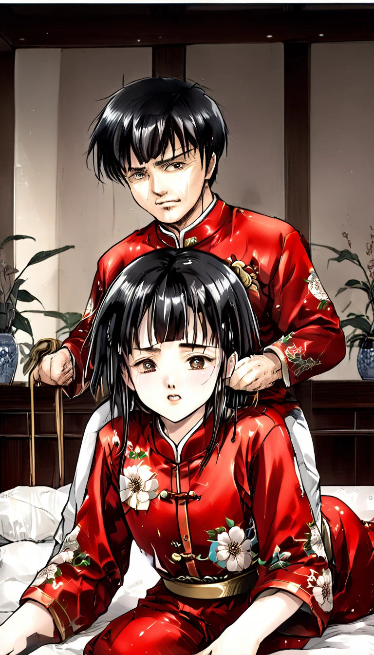 A tragic historical drama in 8k live-action style: Beautiful palace secrets　Beautiful  Chinese Kung Fu girl with long black hair has very rough unwanted sex with old man emperor　Gorgeous embroidery, Ultra glossy, She is wearing a shiny red top and bottom long sleeve floral pajama kung fu suit....　　She gets her penis thrust into her from behind by the Emperor