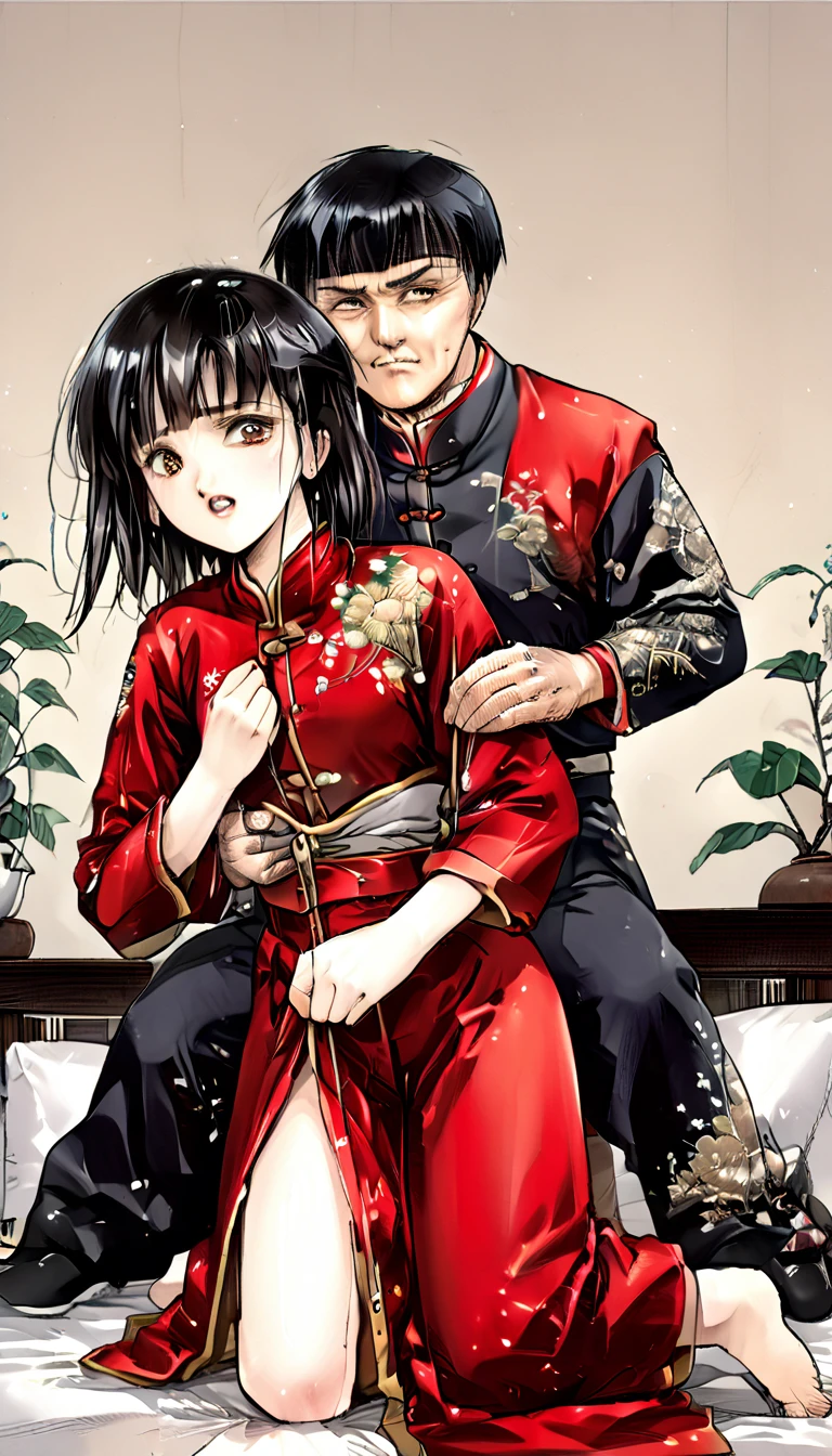 A tragic historical drama in 8k live-action style: Beautiful palace secrets　Beautiful 10 year old Chinese Kung Fu girl with long black hair has very rough unwanted sex with old man emperor　Gorgeous embroidery, Ultra glossy, She is wearing a shiny red top and bottom long sleeve floral pajama kung fu suit....　　She is sexually assaulted